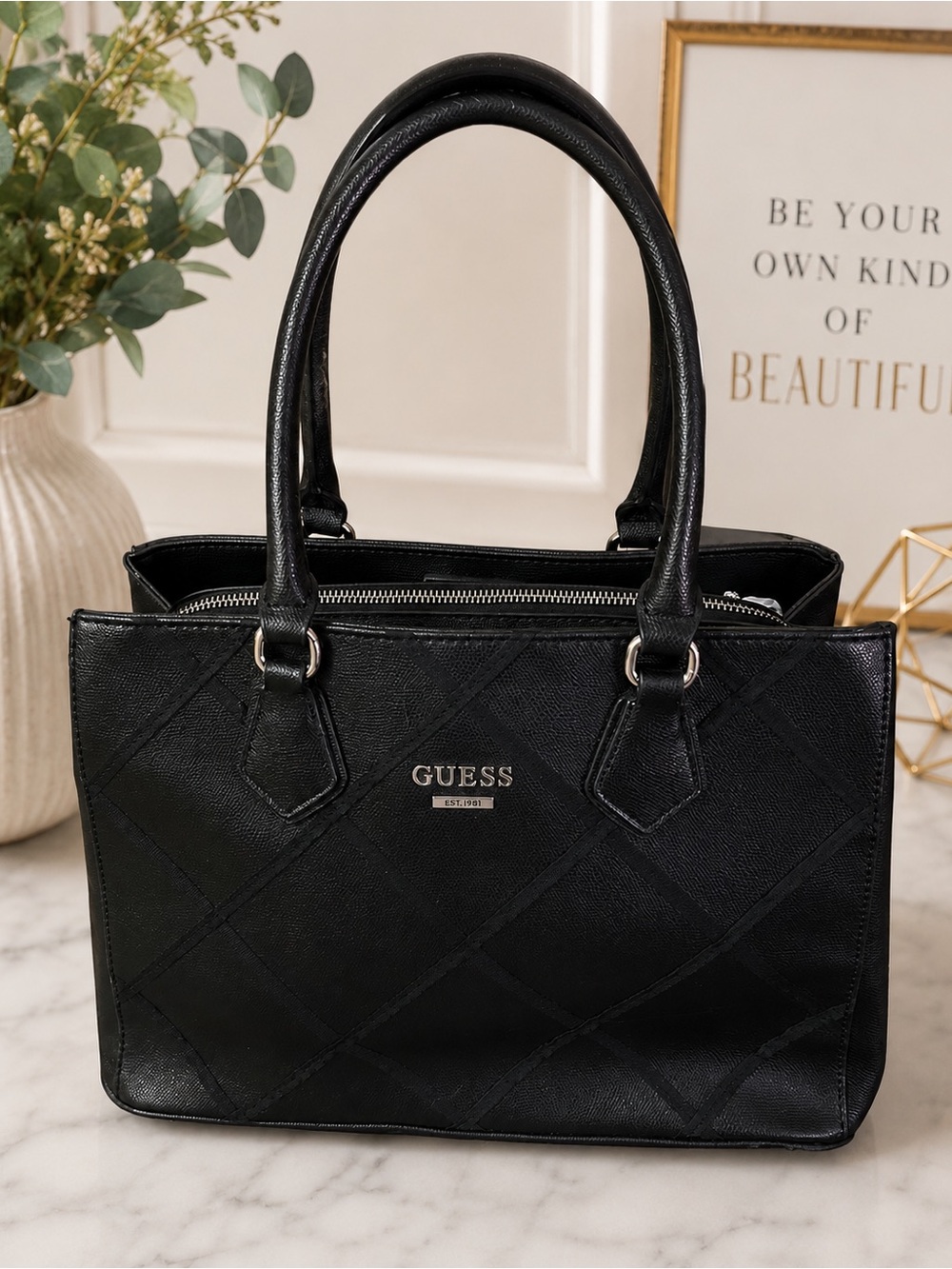 GUESS Black Structured Satchel Tote Bag 🖤🐆